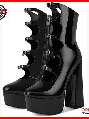 Platform High Heels with Side Zipper Adjustable Buckles Block Heel Pumps
